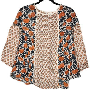 Rachel Zoe Bell Sleeve Cotton Blouse Cream Orange Blue Boho Cottagecore Retro M